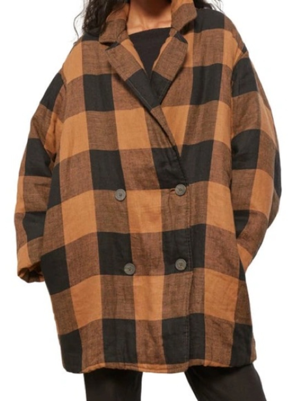 Mara Hoffman Oversized Plaid Double-Breasted Jacket in Brown & Black